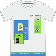 A white tee shirt features smile emoticons, geometric shapes, and bold text. Ideal for fashion,...