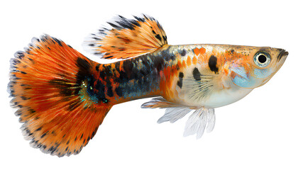  Close-Up of Koi Guppy Turning Mid-Swim with Spread Fins, Angled View, Transparent Background 