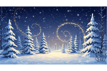 Enchanting winter forest scene with snow-covered pine trees and magical golden light swirls under a starry night sky.