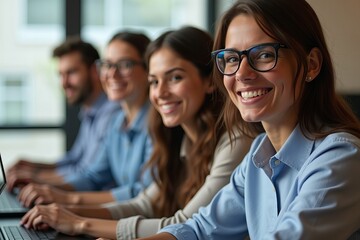 Obraz premium Happy Young Professionals Working Together on Computers in a Row