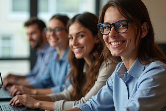 Happy Young Professionals Working Together on Computers in a Row