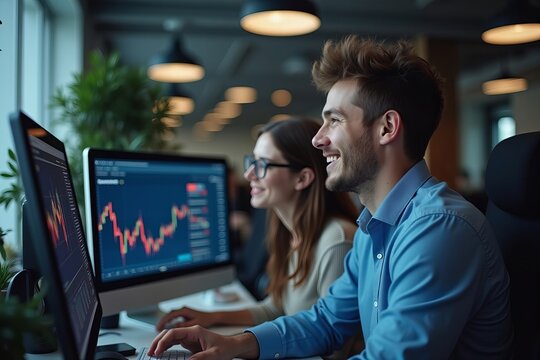 Happy young business professionals display the stock market broker examining a graph on a computer in the office. - Powered by Adobe