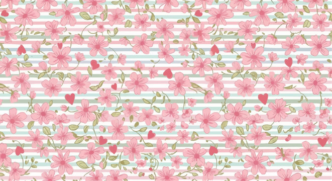 Fototapeta Vintage flower stripe pattern with pink blossoms on green striped background. Vector cute cartoon hand drawn illustration. Ideal textile printing, baby clothes, wallpaper,children, elegant, layout,