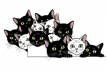 Fototapeta premium Curious cats peeking over a blank sign, perfect for adding custom text or messages