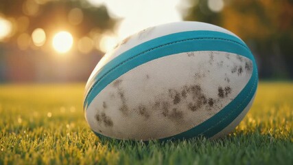 Well-Worn Teal and White Rugby Ball Showing Signs of Heavy Use - Powered by Adobe