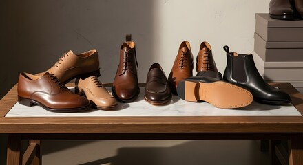 men's leather dress shoes and boots displayed on a wooden table with a neutral background and soft lighting.