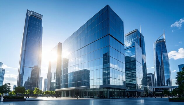 Glass buildings business concept. The glass facade of a skyscraper with a mirror 