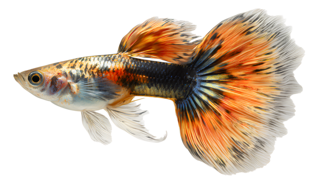 Close-Up of Koi Guppy Turning Mid-Swim with Spread Fins, Angled View, Transparent Background - Powered by Adobe