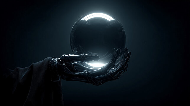 Metallic robotic hand holding a glowing crystal sphere in a dark futuristic environment.