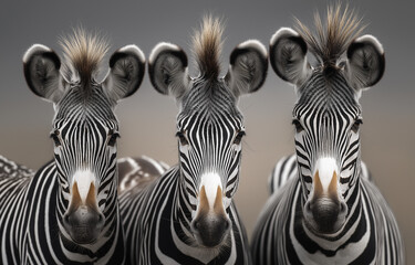 Fototapeta premium Three zebras in the savanna, a close-up shot of their heads and necks,