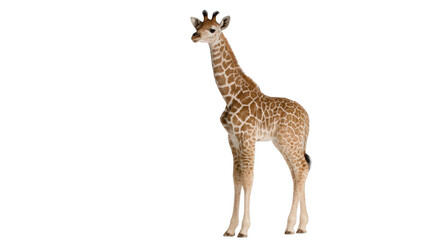 Naklejka premium Adorable young giraffe standing tall, showcasing its distinctive patterned coat against a seamless backdrop on transparent background