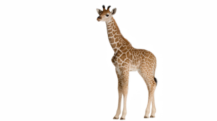 Adorable young giraffe standing tall, showcasing its distinctive patterned coat against a seamless backdrop on transparent background