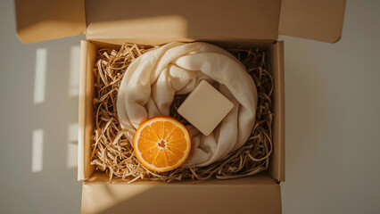 Natural gift box with half orange, soap bar, and fabric on straw filler