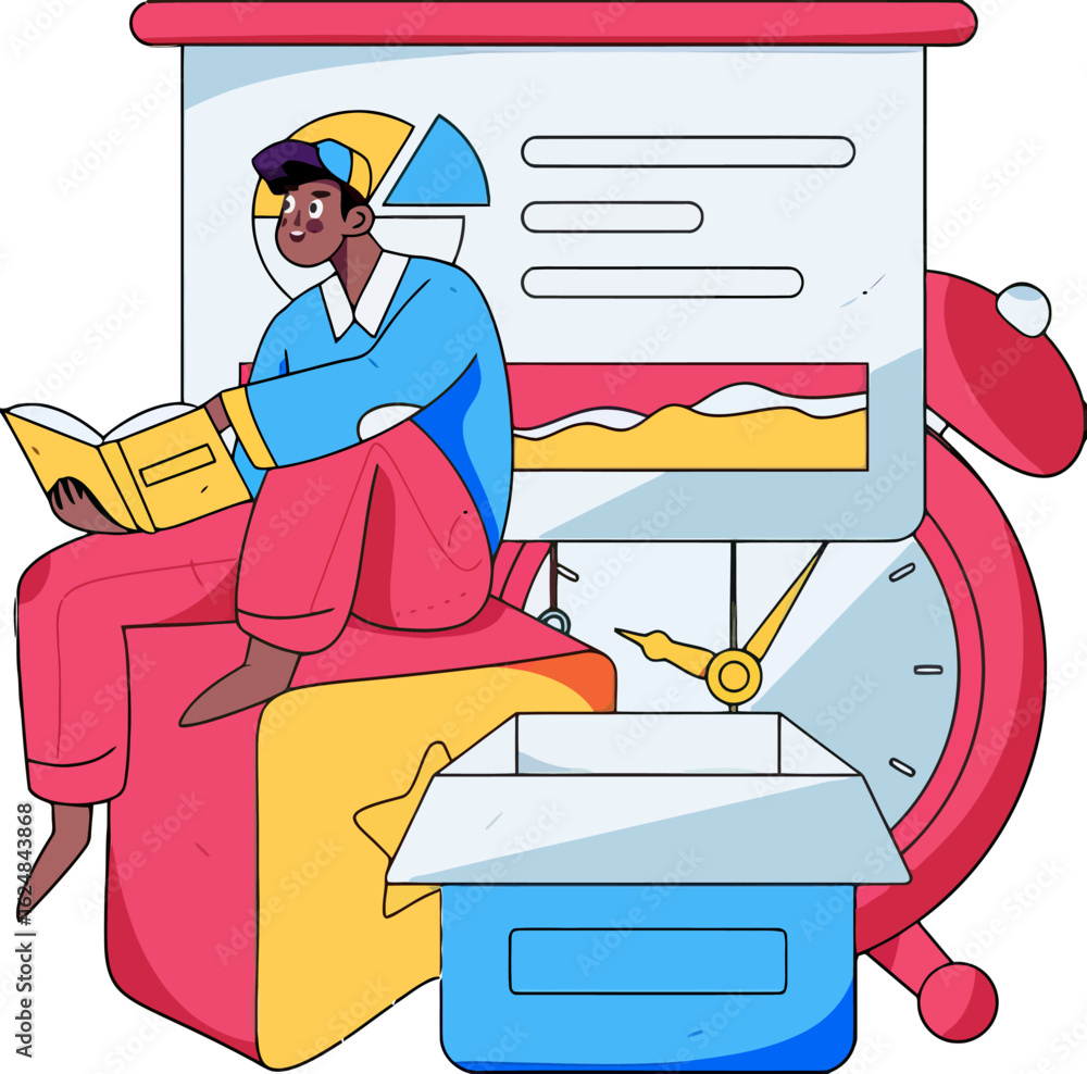 Poster young professional engrossed in learning, surrounded by visual data and timekeeping elements, symbol