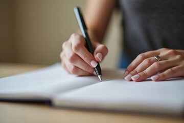 Close-up of a woman diligently jotting down crucial information in her diary with a pen