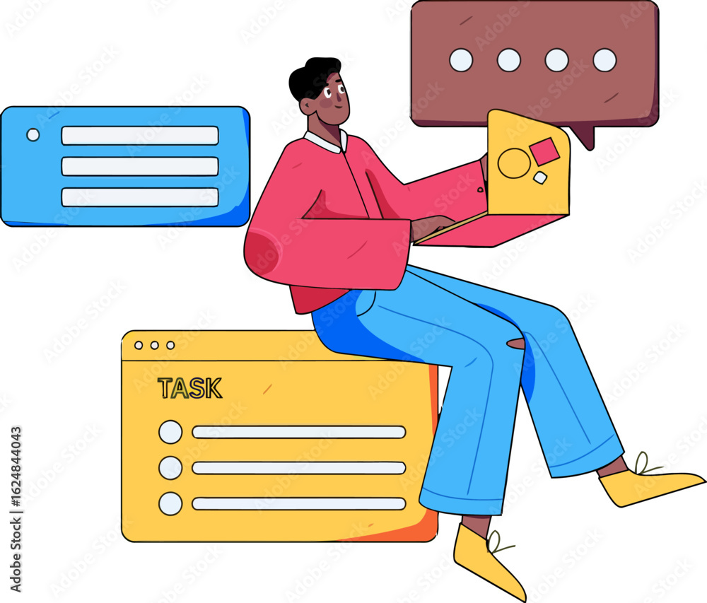 Poster dynamic professional engaging with digital tasks and communication on a modern interface, symbolizin