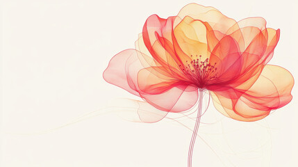 Delicate, translucent flower with vibrant red and orange petals gracefully unfurls against soft, neutral background, evoking sense of elegance and tranquility