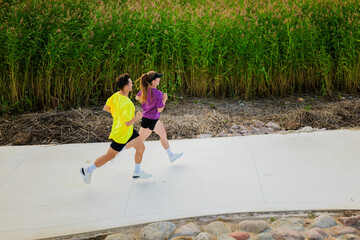 Energetic runners enjoy a morning jog on a scenic path surrounded by lush greenery and tall grasses...