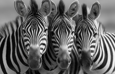 Fototapeta premium Three zebras in the savanna, a close-up shot of their heads and necks,