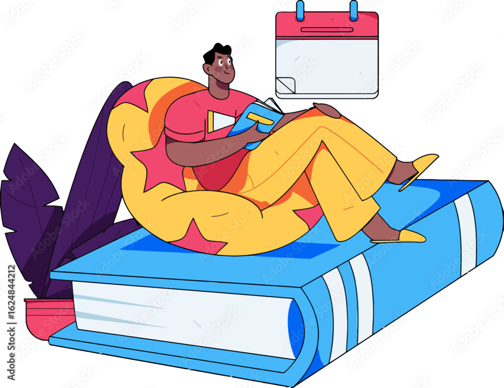Poster relaxed individual engrossed in reading a book while seated atop a large tome, with a calendar hover