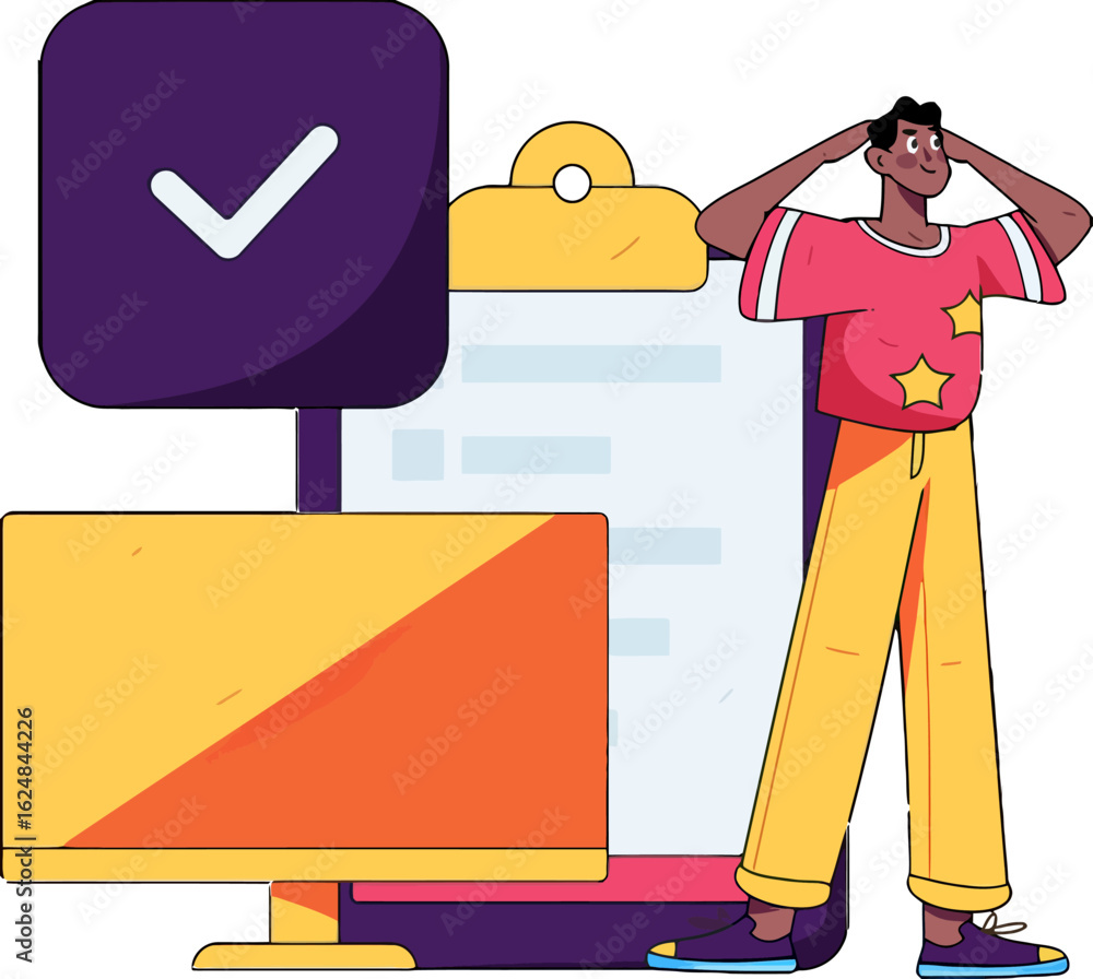 Poster dynamic businessman successfully tracking project progress on monitor with checklist and positive fe