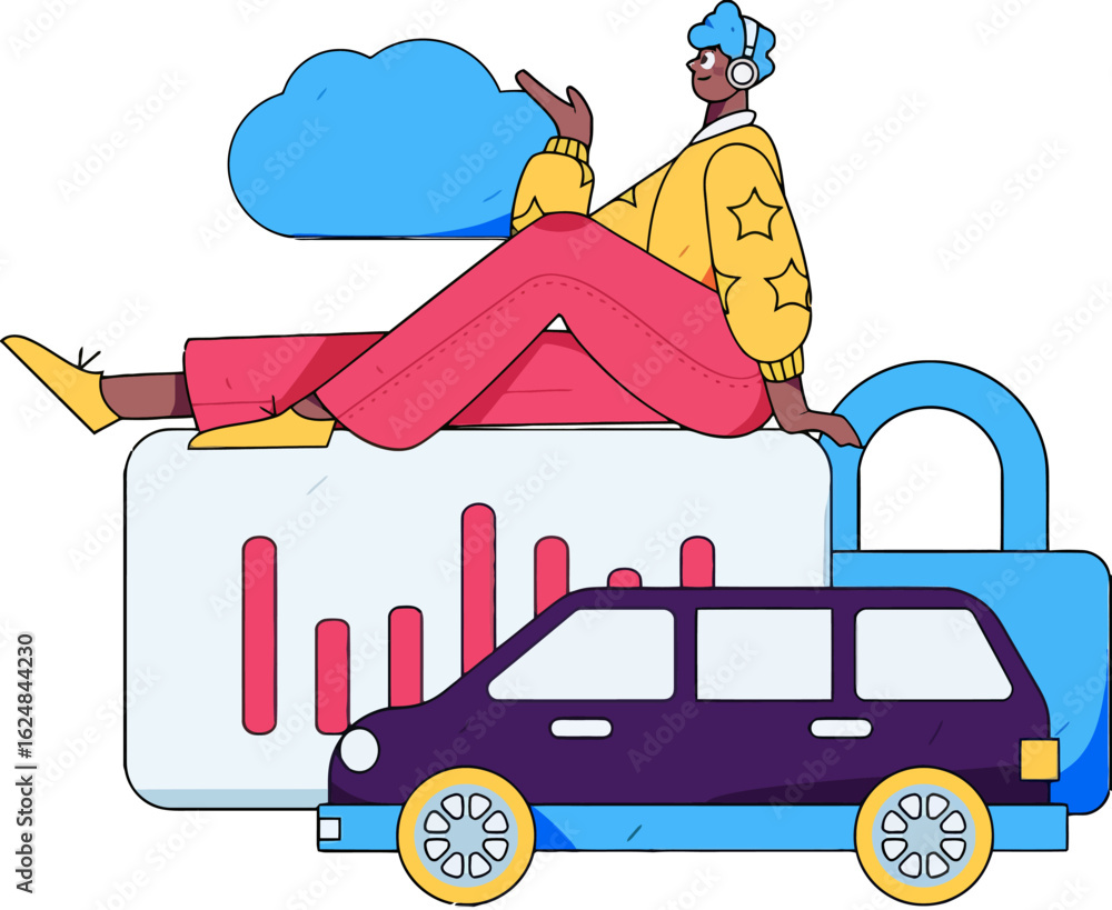 Poster modern person enjoys secure cloud data with car protection, visualizing financial growth and digital