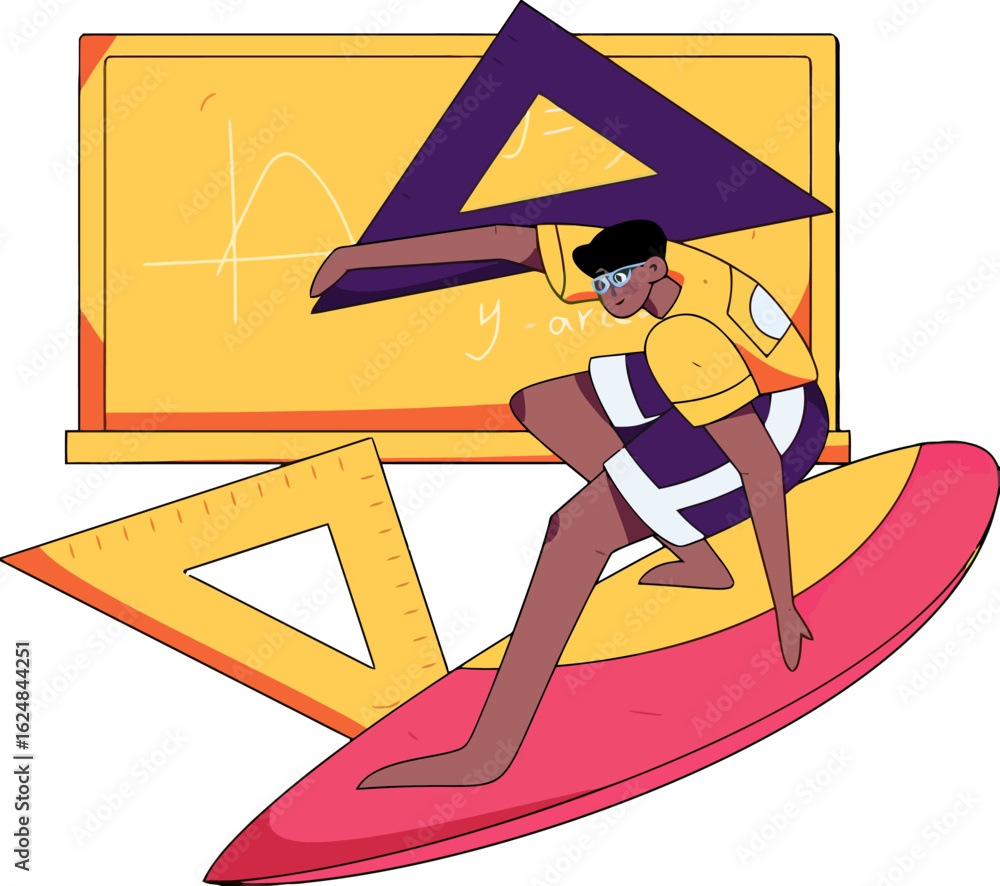Poster dynamic student skillfully navigates abstract concepts on a surfboard, demonstrating learning as an 