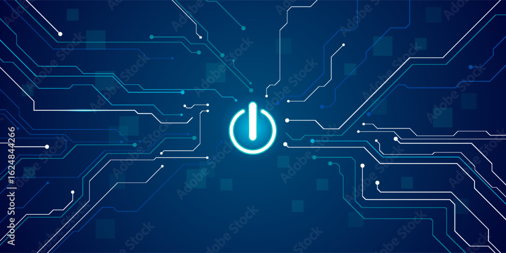 Poster ai innovation futuristic concept. technology blue background. on power blue button, and circuit boar