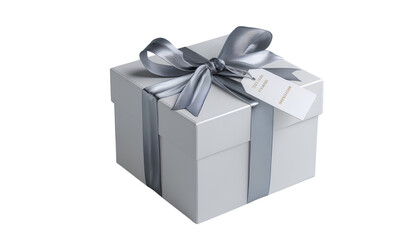 Obraz premium Elegant White Present with Satin Silver Ribbon and Tag, Angled View, Transparent Background.png