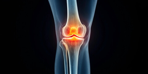 Human Knee X-ray Image – Medical Scan, Joint Health, Knee Bones, Radiology, Skeleton, Orthopedic Check, Inflammation, Pain Concept, Healthcare Diagnostics, Body Anatomy, Knee Injury, Red Area, Bone St