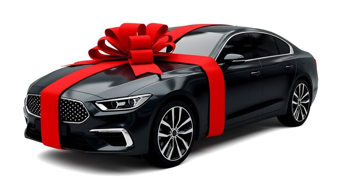 Dark gray sedan car wrapped with a large red ribbon and bow on white background automobile gift