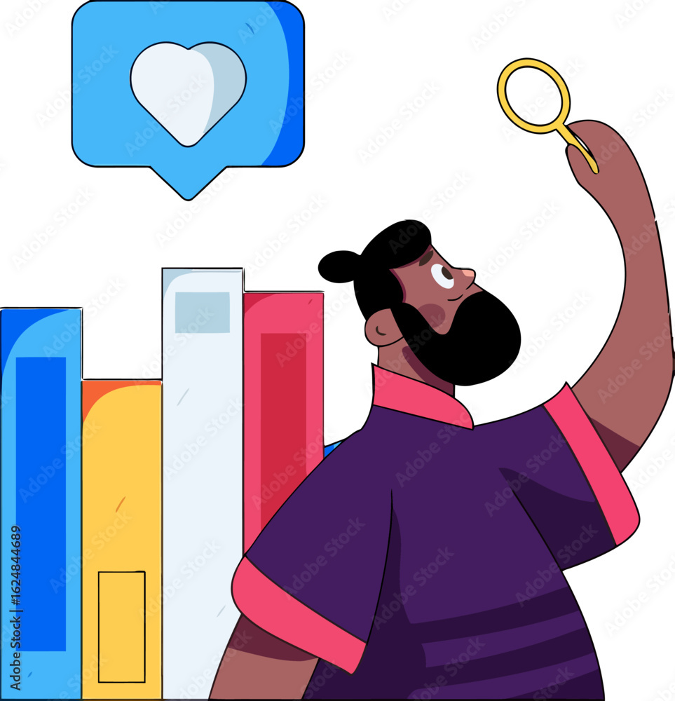 Aufkleber man with magnifying glass examines colorful bar graph data with social media like notification symbo