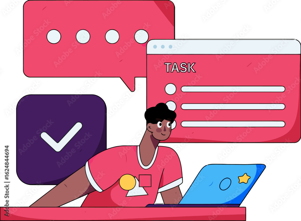 Poster young professional confidently managing tasks and communication on laptop, surrounded by productivit