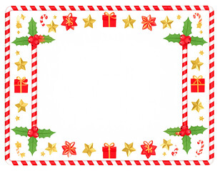 Playful Candy Cane Holiday Border with Holly Leaves and Stars, Square Frame, PNG (4)