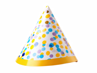Whimsical party hat featuring colorful polka dots and vibrant yellow band, perfect for celebrations and festivities on transparent background