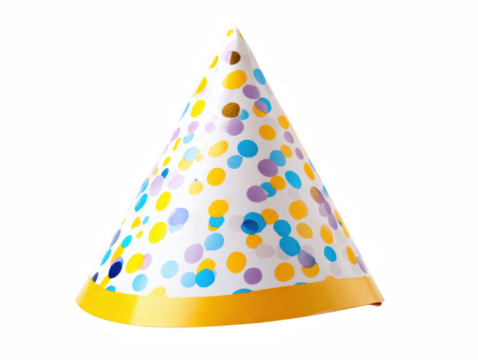 Whimsical party hat featuring colorful polka dots and vibrant yellow band, perfect for celebrations and festivities on transparent background
