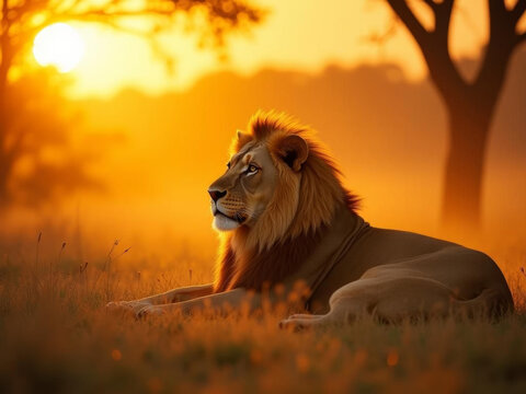 Lion majestueux au coucher de soleil, contemplant la savane dor&eacute;e dans un calme absolu