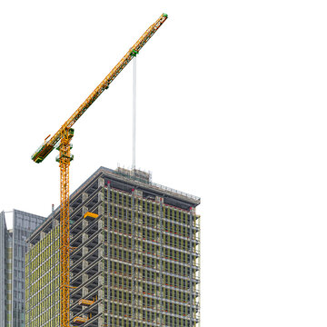 Photograph of construction process of high-rise building with commercial office space in business center of city, isolated on transparent background with cropped outline, soft lightened shadows