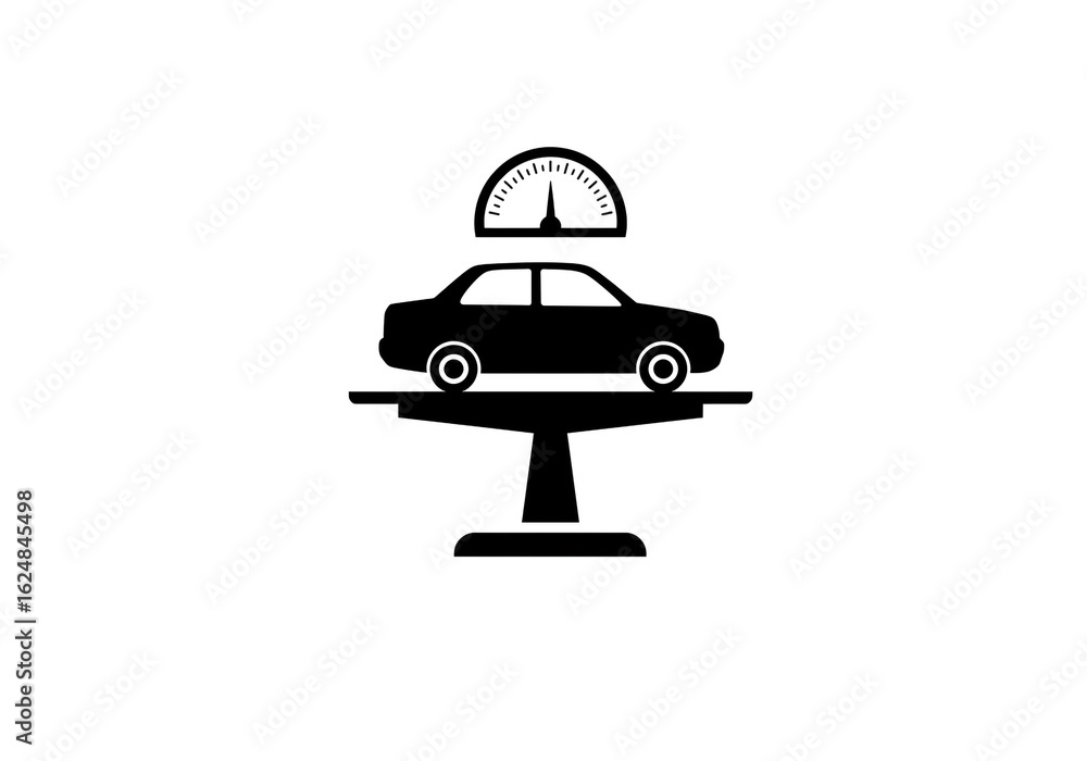 Poster a black silhouette of a car on a scale with a dial above it on a white background image