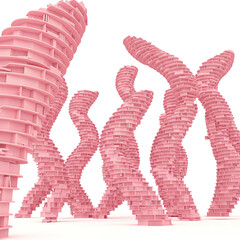 pink bookshelves forming spiral towers