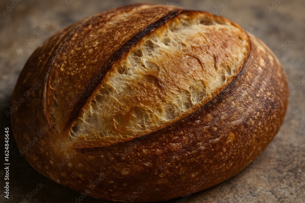 Poster artisan sourdough bread loaf with a deep brown crust and open crumb structure on stone surface