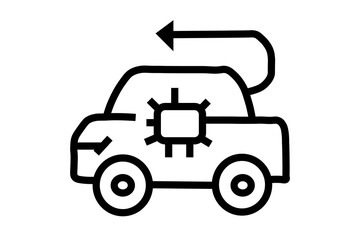 The image is a simple, black and white icon of a car. Inside the body of the car, a stylized microchip or processor icon is visible