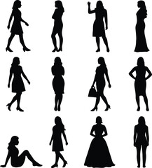 Elegant Woman Silhouettes Vector Set – Stylish Female Silhouettes in Various Poses Including Walking, Standing, Sitting, and Waving – Includes Women in Dresses, Gowns, and Casual Outfits – Perfect for