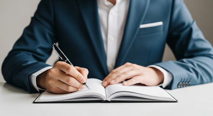 Executive businessman signing a contract and planning strategy in a notebook