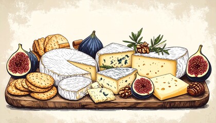 Gourmet cheese board with figs, crackers, and nuts