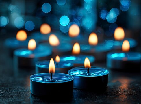 Photo of tealight candles on a black background, with many candles and glowing lights in the distance. The color scheme is predominantly blue, and the image is suitable . 