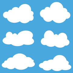 Collection of flat white clouds set on blue background. Vector set of cartoon flat illustration. Cloud