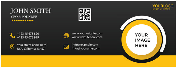 Modern business email signature template with contact information, qr code, and image placeholder