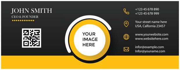 Customizable email signature template for business with contact info, qr code, and photo space