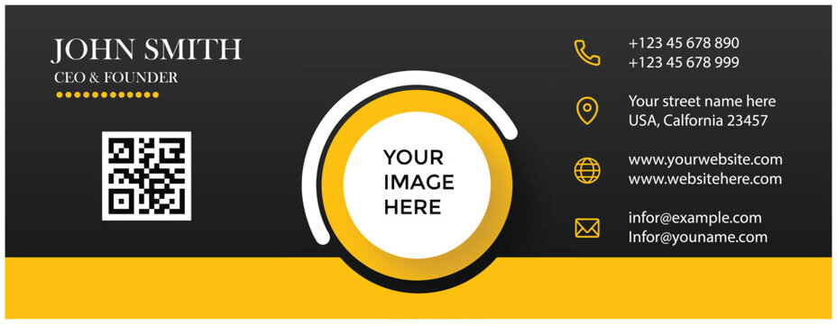 Customizable email signature template for business with contact info, qr code, and photo space